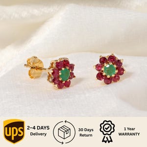 Natürliche Smaragd & Rubin Ohrringe 18k Vergoldet, Blumen Ohrstecker, Geburtsstein Geschenk für Sie