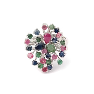 Ruby Sapphire Emerald Silver Ring | Flower Girl Proposal Gift for Her