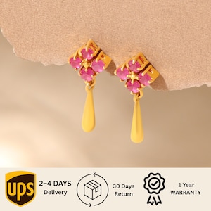 Brincos de Rubi Natural Ouro 18K, Brincos Statement, Pedra de Julho, Presente para Ela