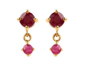 Gold Plated Ruby Drop Stud Earrings, Sterling Silver Minimalist Birthstone Jewelry