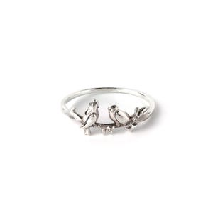 Könnte beinhalten: Ein silberner Ring mit zwei Vögeln auf einem Ast. Der Ring hat ein filigranes Design, bei dem sich die Vögel gegenübersitzen. Der Ring ist vor einem weißen Hintergrund platziert.