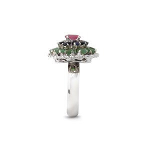 Unique ring with ruby, emerald and sapphire stones in silver finish