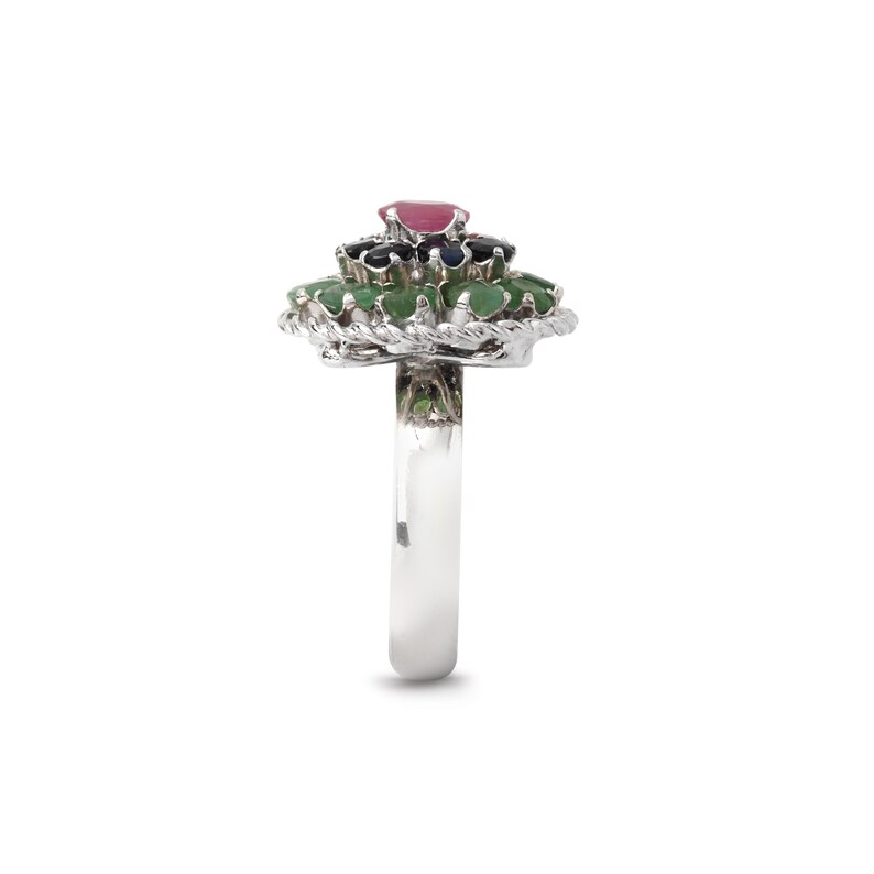 Unique ring with ruby, emerald and sapphire stones in silver finish