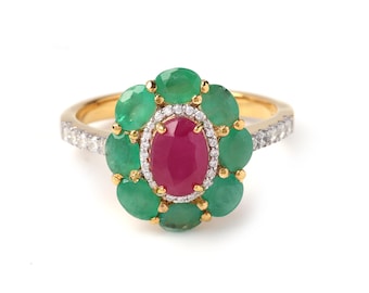 Gold Plated Emerald Ruby Flower Statement Ring, Sterling Silver Floral Jewelry