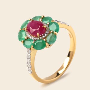 Anel de Rubi Natural com Esmeralda, Banhado a Ouro 18K, Anel Floral, Presente de Aniversário