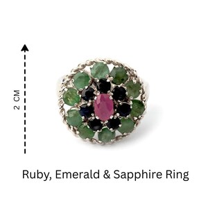 Birthstone ring featuring ruby ring, emerald ring and sapphire ring style