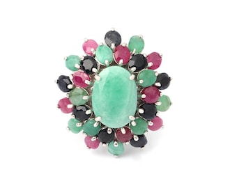Anillo llamativo de esmeralda, rubí y zafiro / Joyería floral de plata de ley