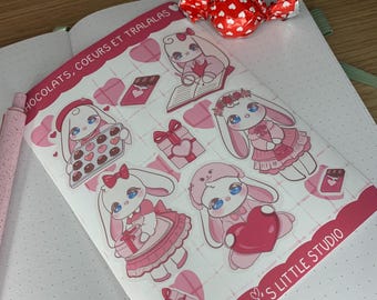Kawaii BunBun sticker sheet &quot;Chocolates, Hearts and Tralalas&quot; Bujo stickers, planner, journaling, scrapbooking, bullet journal