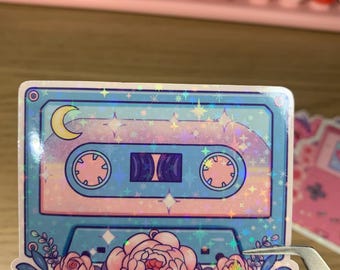 Holographic glitter and stars vinyl sticker / Retro music vaporwave mixtape sticker / Nostalgic 90s glitter sticker