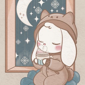 Stampa Kawaii - BunBun "Dolce notte invernale" | Illustrazione carina | Decorazione murale | Poster accogliente