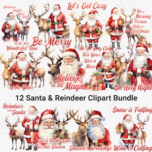 Santa and Reindeer PNG, Papa Noel with Deer, Cute Santa Claus PNG, Christmas Clipart, Reindeer Clipart, Holiday Clipart, Christmas Quote PNG