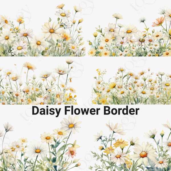 Aquarel Daisy Flower Border Clipart, Daisy Clipart, witte bloemen bruiloft illustraties, aquarel grens, Premade grens, Moederdag cadeau