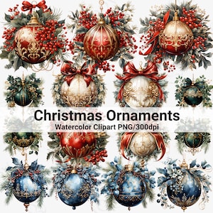 Watercolor Christmas Decoration Collection Clipart, 15 PNG Christmas Clipart, Red Gold Christmas Clipart, Bauble PNG Bundle, Commercial Use