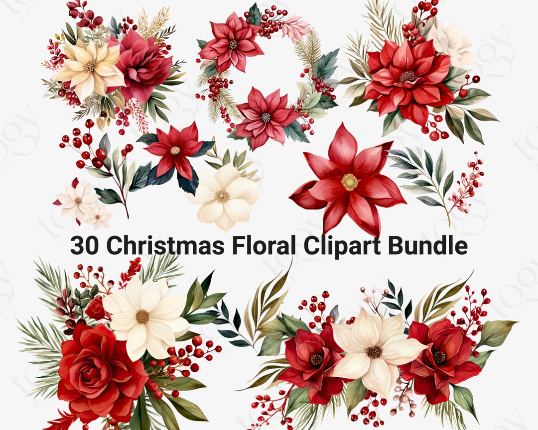 Christmas Floral Clipart Bundle, Xmas Bouquet Flowers, Wreath PNG, Red and White Winter