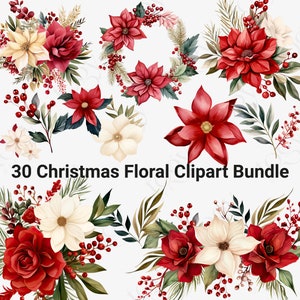 Pacote de clipart floral de Natal, buquê de flores de Natal, guirlanda PNG, arranjo de inverno vermelho e branco, download instantâneo para uso comercial
