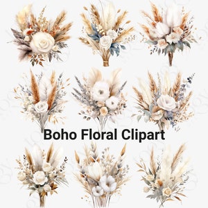Acquerello Boho Neutral Floral Clipart, Boho Flowers Clip Art, Pampas Clipart, Boho Roses Bouquets png, Boho Flowers Set 15 PNG