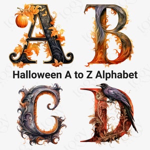 26 PNG acuarela Halloween Alfabeto Clipart, Letras góticas Ilustración Clip art, Alfabeto de fantasía oscura png, Sublimación de tipografía espeluznante