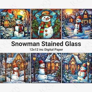 Printable Stained Glass Christmas Snowman Digital Paper, Christmas Holiday Background, Christmas Snowman Cards, Junk Journal, Scrapbooking