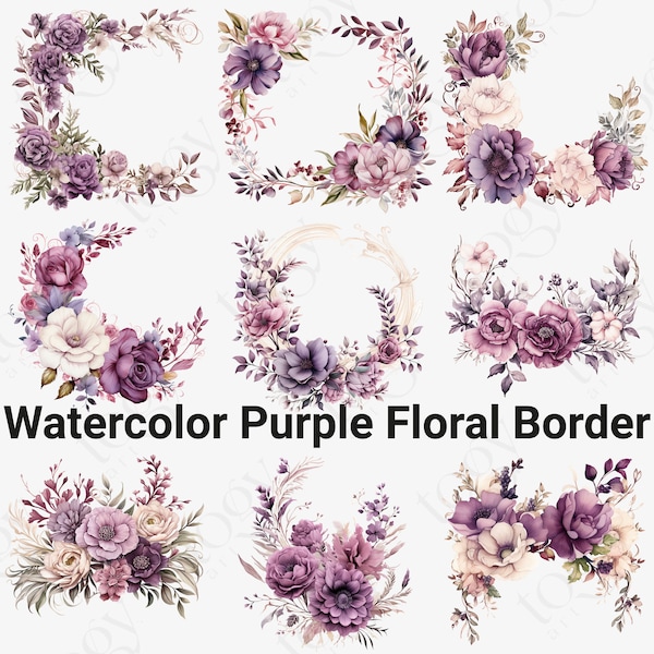 Watercolor Purple Floral Frame Clipart Bundle, Watercolor Floral Border. Corner Floral Bouquet Purple Frame PNG, Purple Wedding Flower png