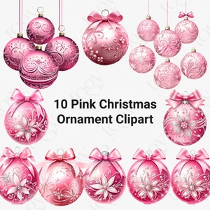 Pink Christmas Ornaments Clipart, Digital Glitter Christmas Ball Ornament Clip art in PNG Format for Commercial Use, Pink Xmas Baubles PNG