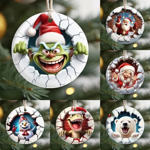 Weihnachten 3D Durchbrechen Ornament Cliparts, 21 PNG Bundle Sublimation Design, Festliche Runde Aufkleber, Lustige 3D-Effekt Weihnachtsdekoration