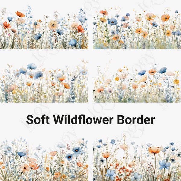 6 Soft Wildflowers Border Frame Clipart, Digital Clipart, Watercolor Clipart, High Quality PNGs, Digital Download, Paper Craft, Junk Journal