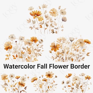 Watercolor Fall Wildflower Border, Floral Clipart, Autumn Flower, Fall Wildflowers PNG, Floral Border, Wedding Clipart, Commercial Use