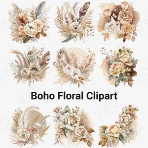 19 PNG Aquarelle Élégant Boho Floral Clipart, Boho Flowers Clip Art, Pampas Clipart, Boho Roses Bouquets png, Elegant Boho Flowers Set