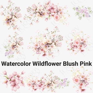 Clipart de aquarela de flores silvestres, prado rosa blush, borda floral PNG, clipart de casamento, moldura floral PNG, clipart de flores silvestres