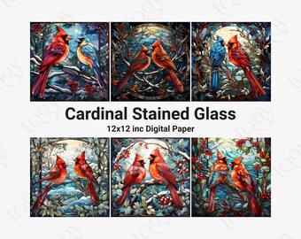 Printable Stained Glass Cardinal Digital Paper, Christmas Holiday Background, Red Cardinal Cards, Download Junk Journal, Scrapbooking