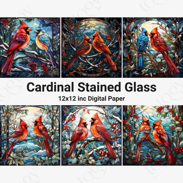 Printable Stained Glass Cardinal Digital Paper, Christmas Holiday Background, Red Cardinal Cards, Download Junk Journal, Scrapbooking