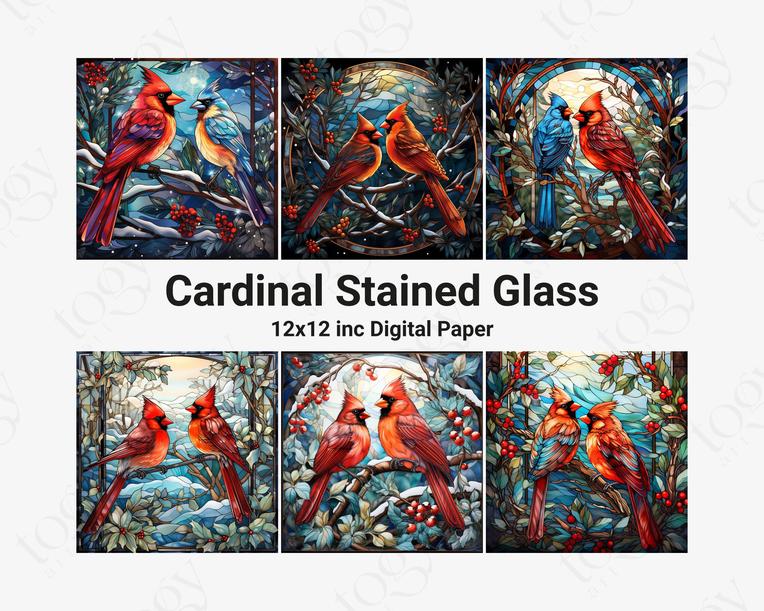 Printable Stained Glass Cardinal Digital Paper, Christmas Holiday ...