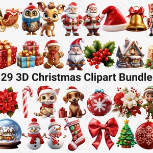 Leuke kerst clipart 3D bundel 29 gedetailleerde kunstontwerpen Kerstman, sneeuwpop, kabouter, hond, kat, boom, uil, sublimatie prints T-shirts, mokken, meer