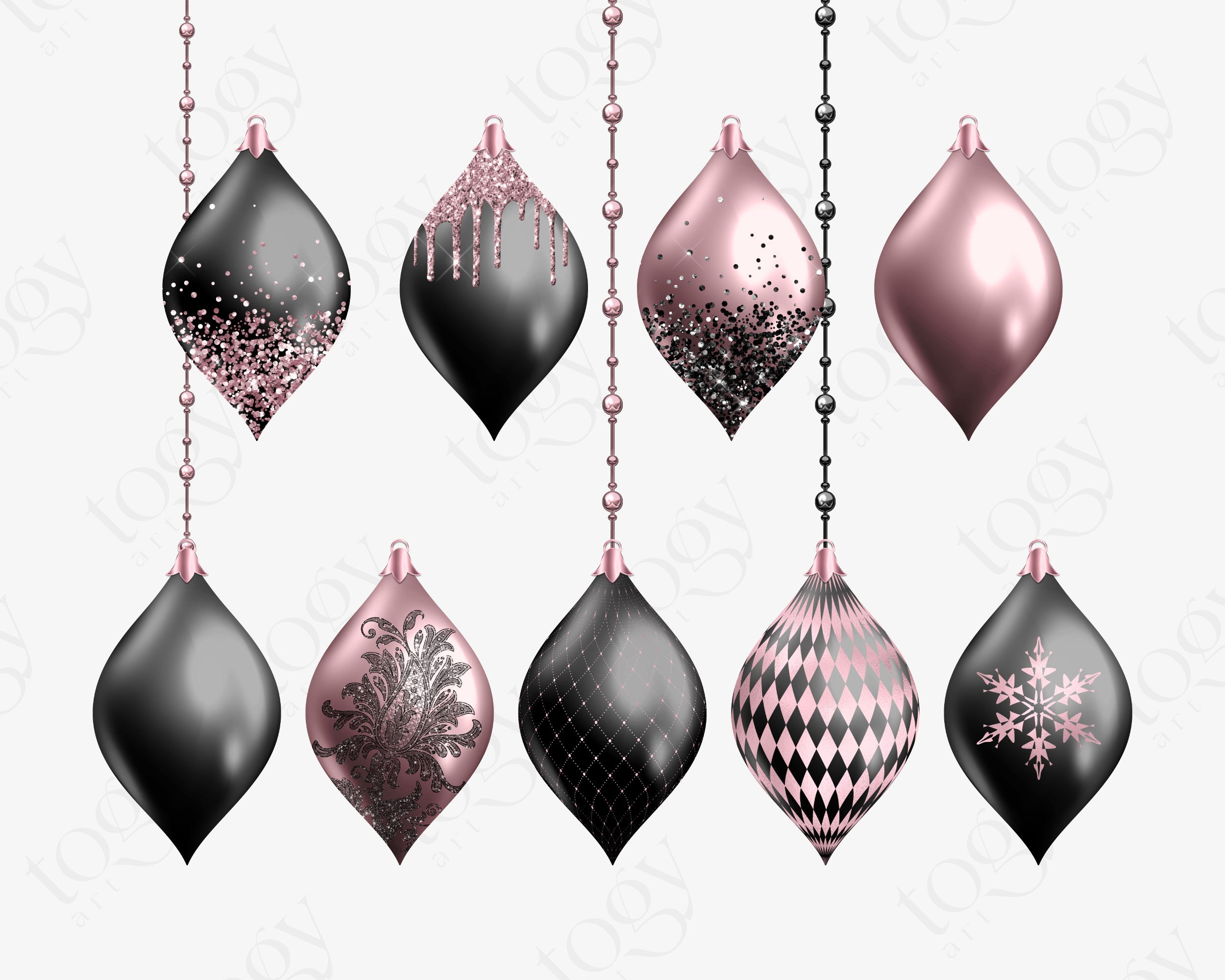 Black and Blush Pink Christmas Ornaments Clipart, Digital Glitter