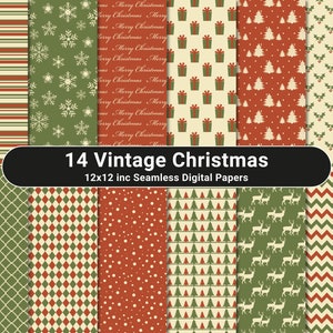 Vintage Christmas Digital Paper, Premium Seamless Digital Paper, Christmas Holiday Patterns, Red and Green Scrapbook Paper Backgrounds