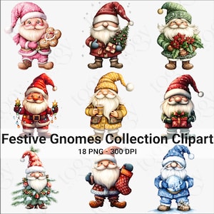 Watercolor Festive Gnomes Collection Clipart, 18 PNG Christmas Gnomes Clipart, Fantasy Clipart, Winter Holidays, Gnomes PNG, Commercial Use