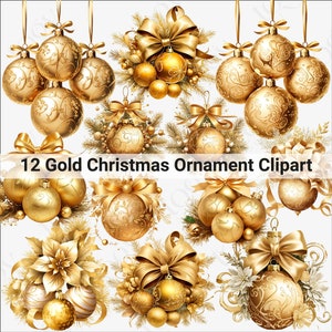 Gold Christmas Ornaments Clipart, Watercolor Christmas Baubles, Gold PNG, Luxury Ornaments, Christmas Tree Balls, Gold Decorations, Download