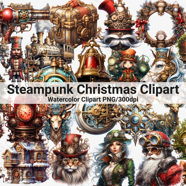 Steampunk Christmas Cliparts, Victorian PNG, Steampunk Santa Claus PNG, Steampunk Clipart, Watercolor Steampunk Christmas Cliparts, Reindeer