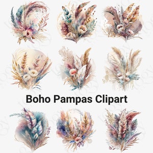 21 PNG Aquarelle Boho Pampas Clipart, Aquarelle Pampas Grass Bouquet Feuilles séchées Clip art, Mariage Boho élégant, Pampas Baby Shower png