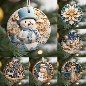 Adorno navideño 3D 10 PNG Paquete Diseño de sublimación Pegatinas redondas festivas Efecto 3D redondo Decoración navideña clipart, regalo