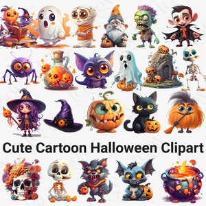 Niedliches Cartoon-Halloween-Clipart-Bundle, Skelett PNG, süßer kleiner Geist PNG, lustiger entzückender saisonaler Urlaub PNG für Handwerk, kommerzielle Nutzung