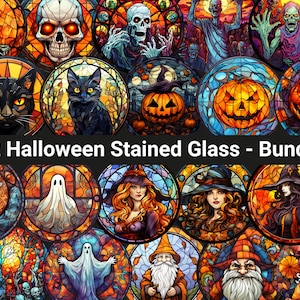 42 PNG Watercolor Round Stained Glass Halloween Big Bundle Clipart, Halloween Illustrations Clip art, Witchcraft png, Circle Stained Glass