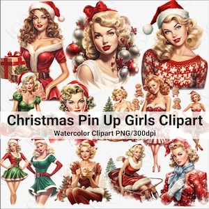 Kerst pin-up meisjes aquarel clipart bundel, transparante PNG, mooi meisje vintage, papier ambachtelijke, junk Journal scrapbooking, jaren 1950 meisjes