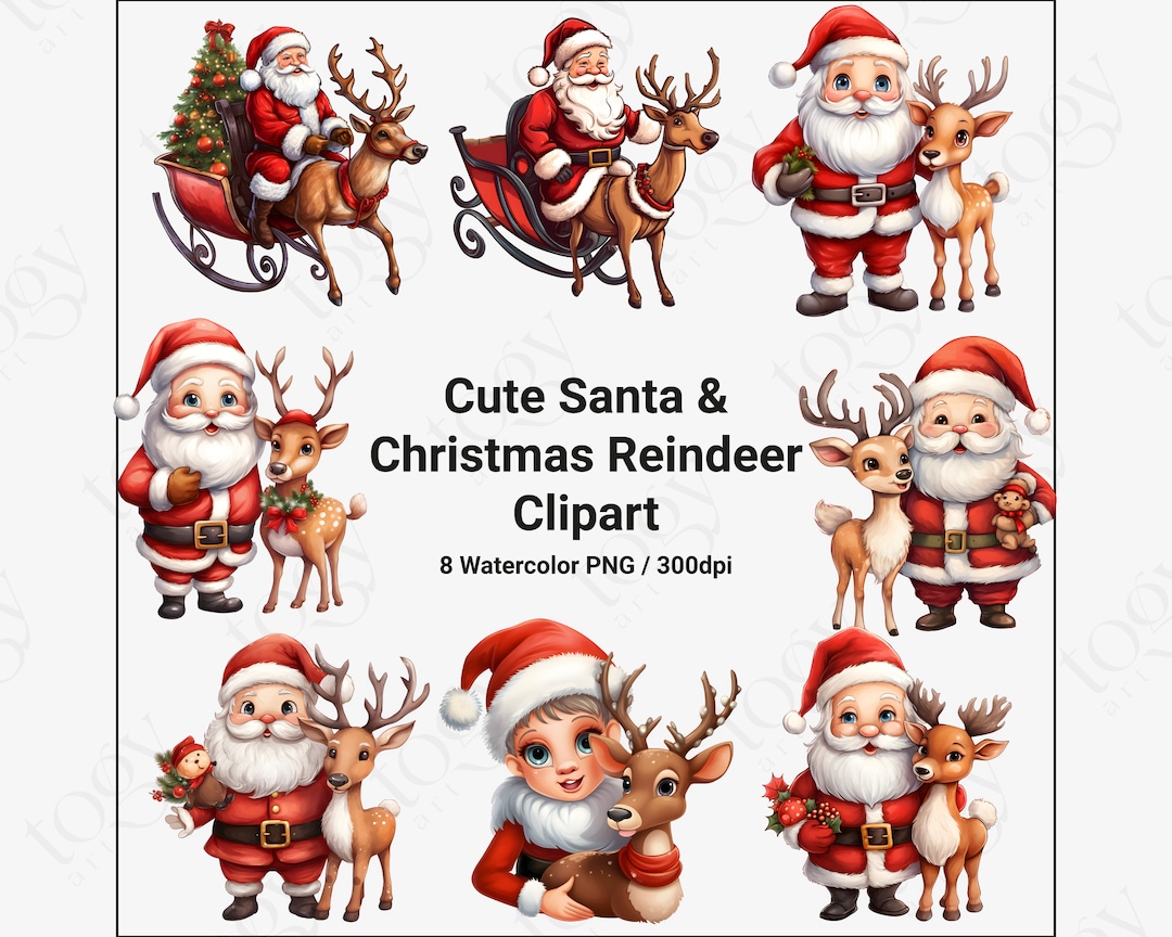 Cute Santa With Reindeer Clipart, Watercolor Christmas Clipart, Santa ...