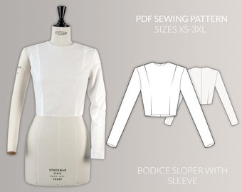 May include: A white long-sleeved bodice sloper with a crew neck, displayed on a dress form. The image includes a line drawing of the sloper and text that reads "PDF Sewing Pattern, Sizes XS-3XL, Bodice Sloper with Sleeve."