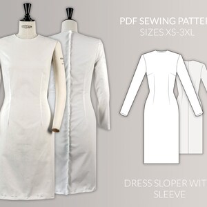 Puede incluir: Un maniquí de vestido blanco con un vestido de manga larga y una ilustración de patrón de vestido. El maniquí está a la izquierda, mostrando la parte delantera y trasera del vestido. La ilustración muestra el patrón del vestido con el texto "PDF SEWING PATTERN SIZES XS-3XL" y "DRESS SLOPER WITH SLEEVE."