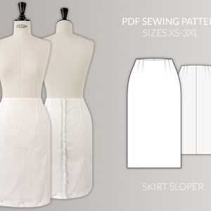 Może przedstawiać: Dwa białe manekiny z przypiętym szablonem spódnicy. Obraz przedstawia również schemat szablonu spódnicy. Tekst na obrazie brzmi "PDF Sewing Pattern, Rozmiary XS-3XL" i "Skirt Sloper."
