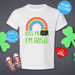 Kiss Me I&#39;m Irish Toddler St Patricks Day Outfit, Saint Patricks Day Toddler Boy Gift, Four Leaf Clover, Pot of Gold Shamrock Lucky Shirt