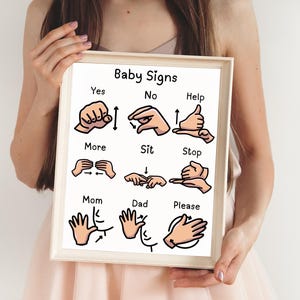 A person holding up a framed baby sign language poster with illustrations and English labels.