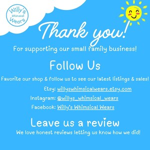 The image is a blue background with a white sun and clouds, along with a message expressing gratitude and providing information about the business.